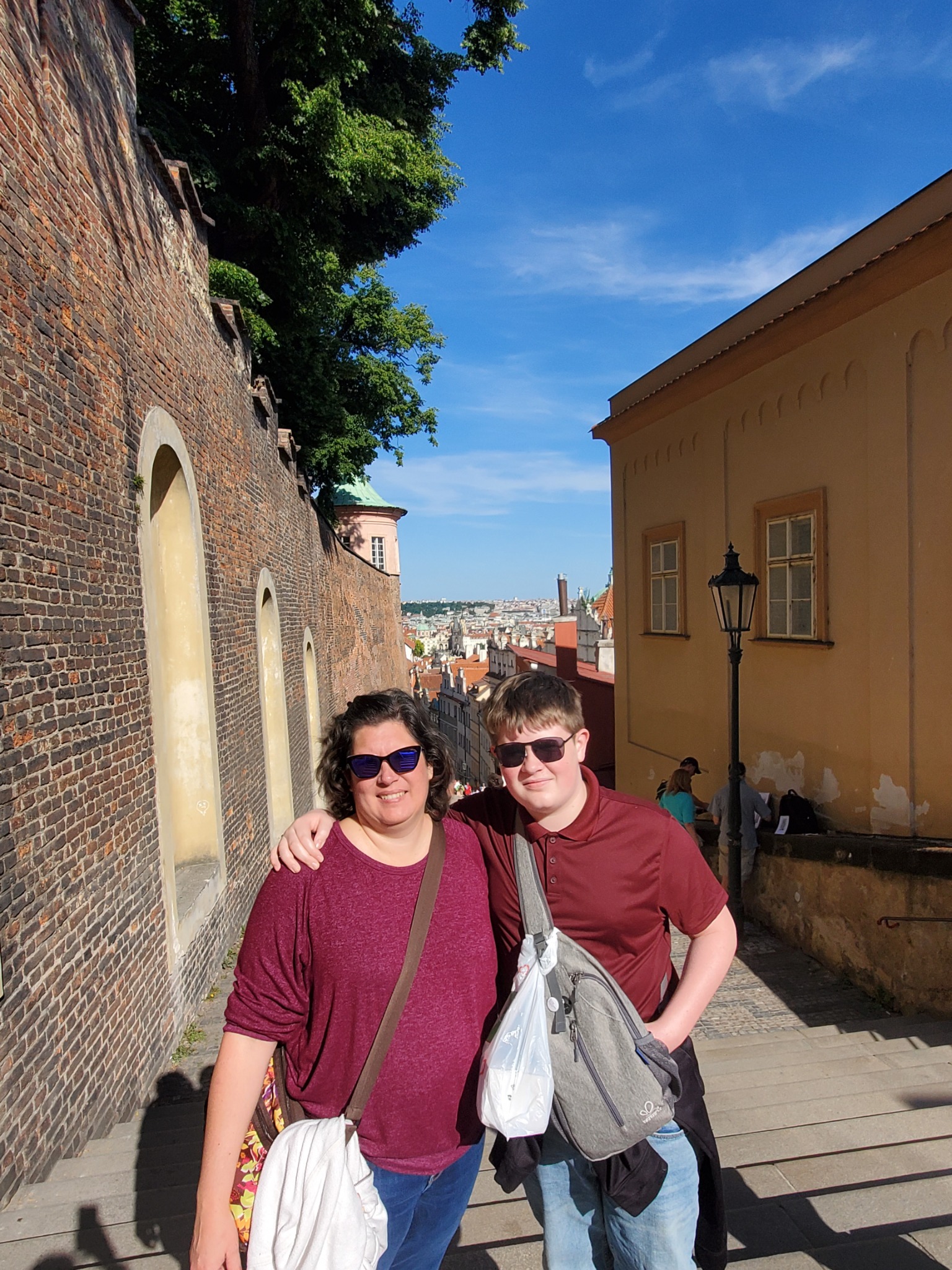Demelza and her son exploring a European town